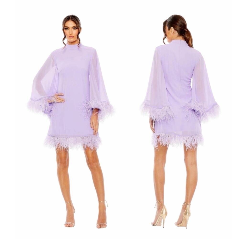 Mac Duggal Lilac High Neck Sheer Sleeve Feather Cocktail Prom Dress Size 2 11439